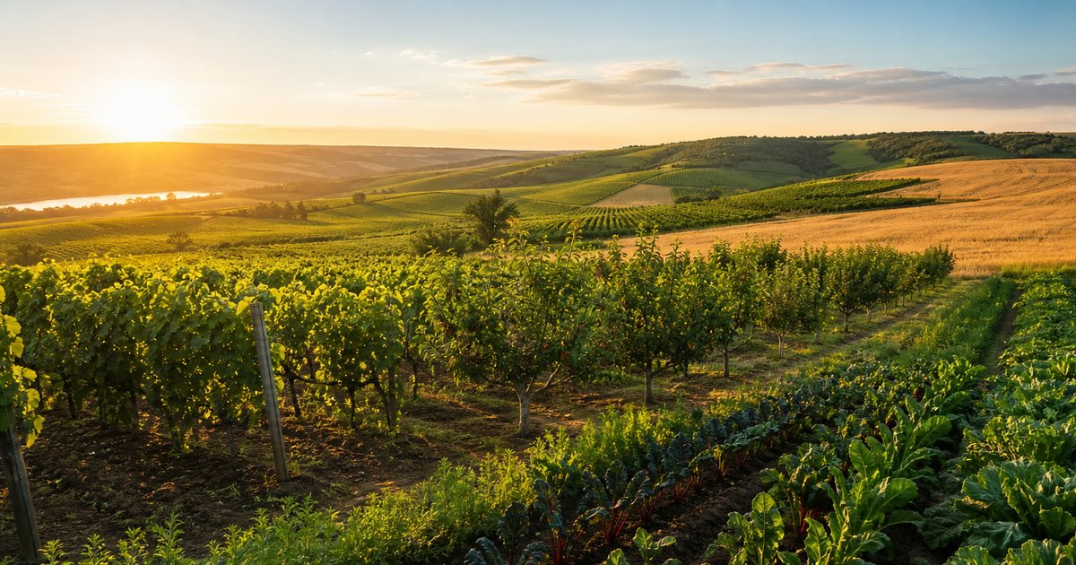 Peisaj agricol cu vii, livezi si campuri cultivate in Moldova