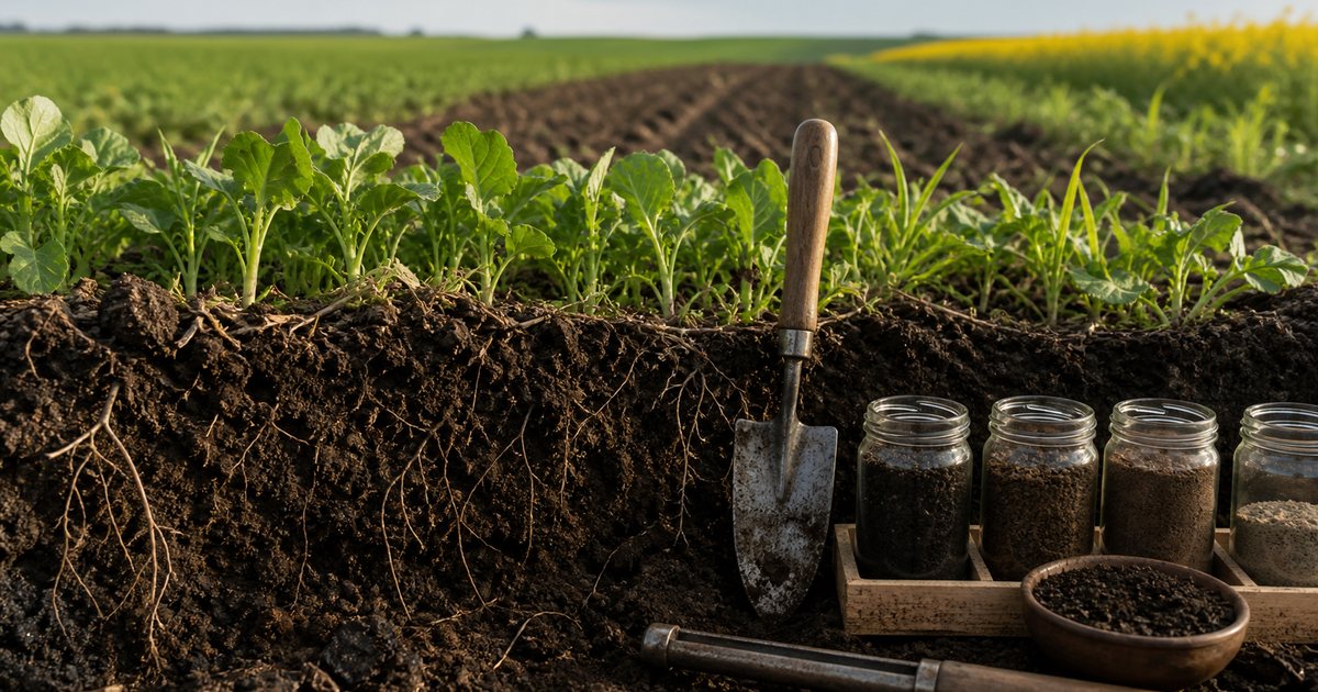 Profil de sol fertil cu radacini si probe agricole